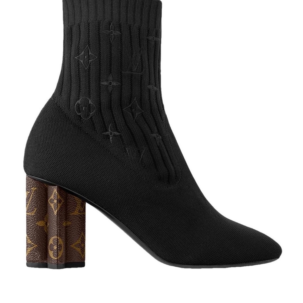 Louis Vuitton Black Ankle Boots with Monogram Heel (Authentic)
